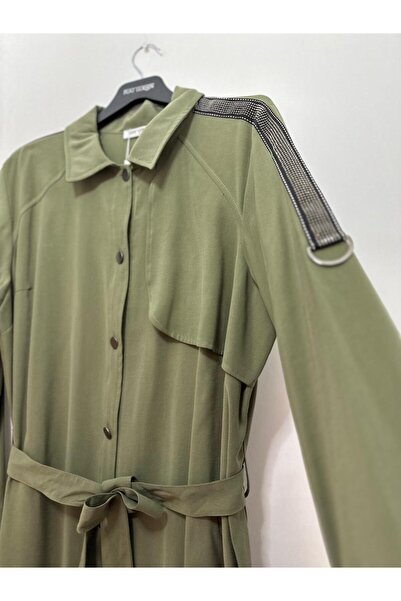 FUAT GÜRSEN Gömlek Yaka Düğmeli Taş Detay Kuşaklı Kap