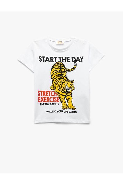 Koton Βαμβακερό Tiger Printed Crew Neck Κοντό μανίκι Λευκό για αγόρια T-shirt 5skb10314tk