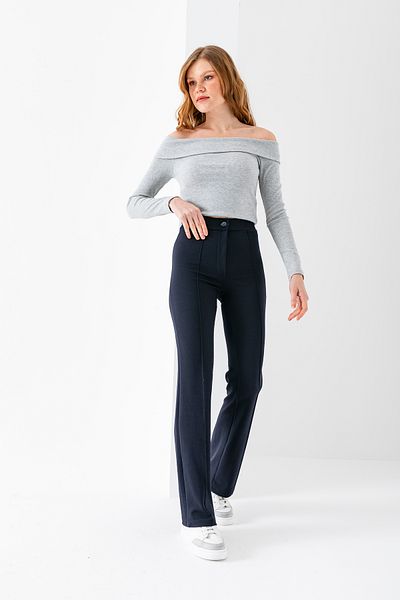 GİYSA Women's High Waist Lycra Wide Leg Trousers Navy Blue - 5111