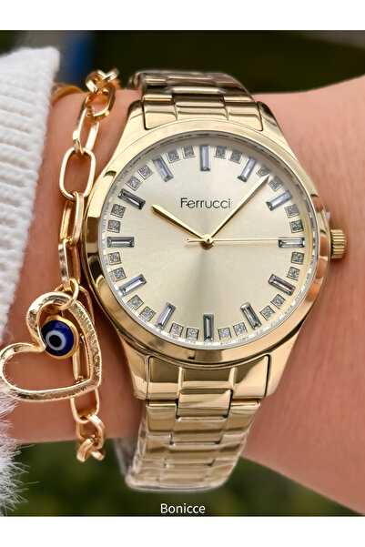 Ferrucci Chain Steel Cord 2 Years Warranty Waterproof Yellow Color Women Wristwatch+Bracelet