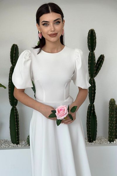 WOMAN VISION Rochie de seară albă, cu decolteu rotund, cu mâneci prințesă, cu lungime midi, tăiată evazată, albă, 220