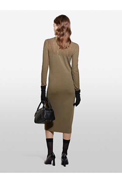 Sisley Γυναικείο Χακί Ιξώδες Μικτό Μακρυμάνικο Πλεκτό Φόρεμα