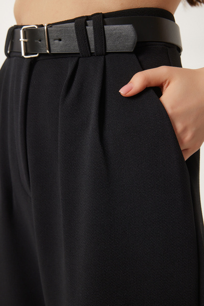 Lovelyİstanbul Зручні штани з поясом Palazzo з плетеним візерунком, чорні LRV0093