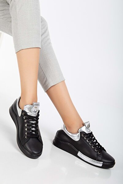 ANALİN SHOES Pantofi sport de damă din piele naturală - cu șireturi, negru-ar...