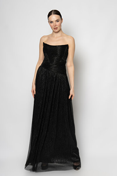 RENGIN Robası piliseli eteği büzgülü simli tül abiye elbise