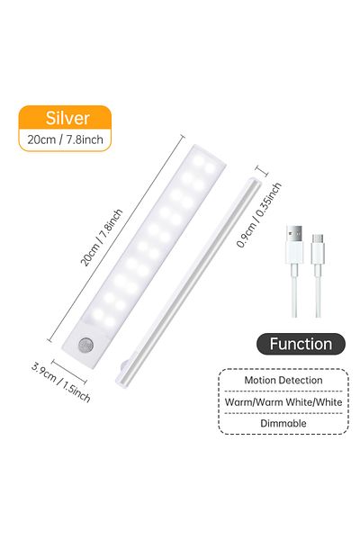 Pzsunly Silver 20CM 3color in one Lamp Motion Sensor Light Wireless LED Night Light USB Rechargeable Night L
