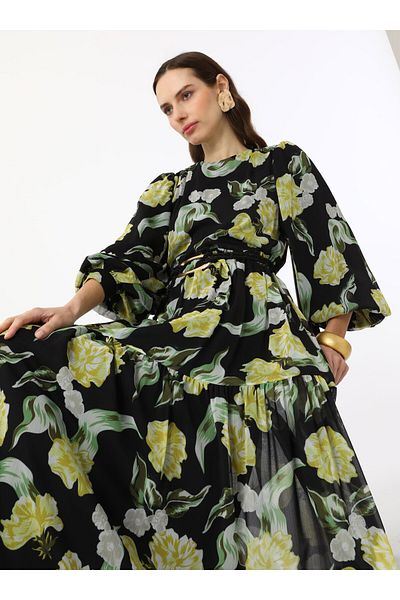Benin Black Background Yellow Flower Pattern Lined Chiffon Fabric Hijab Dress