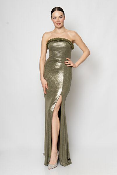 RENGIN Göğsü silindir işlemeli straplez abiye elbise