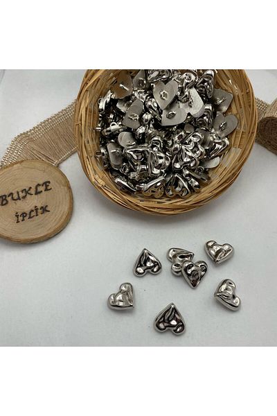 Bukle İplik Embossed Heart Model Silver Look Bottom Sewing Plastic Metalized Button 34" - (6 Pieces)