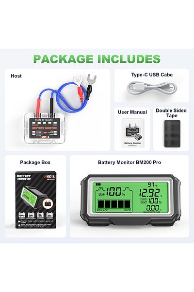 ANCEL Black Bm200 Pro Led Battery Tester For 12v Battery Monitor Display Battery Health Soh Soc Tes