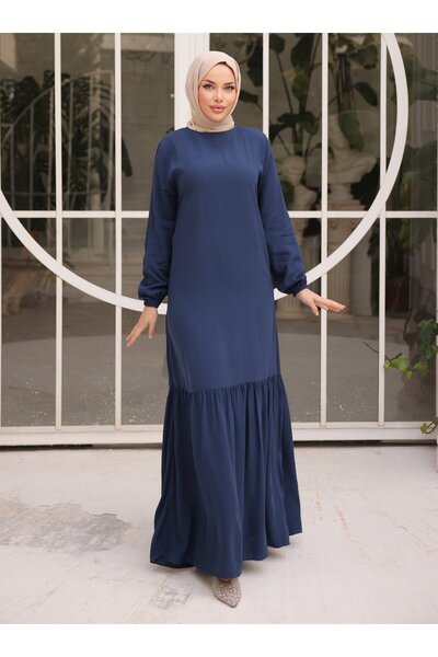 SAHRA BUTİK Dress with Frill Hem - Navy Blue - Sahra Butik
