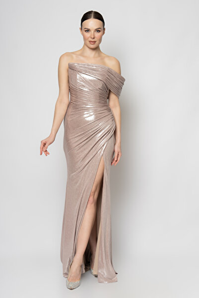 RENGIN Tek göğüsten koluna büzgülü bantlı straplez abiye elbise