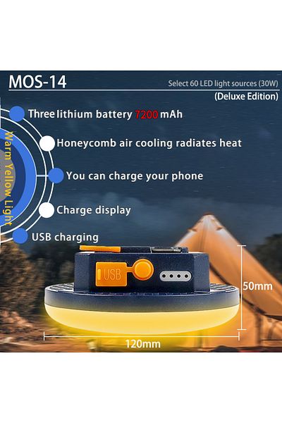 Choice مصباح خيمة MOS-14 دافئ أزرق من MOSLIGHTING، فانوس قابل لإعادة الشحن، ضوء سوق ليلي للطوارئ محمول