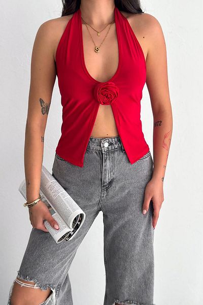 Deafox Sandy Fabric Blouse with Red Rose Brooch and Neck Strap