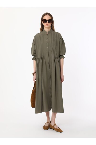 Benin Φόρεμα Hijab με λεπτομέρεια Nervür με ελαστική μανίκια - Χακί - Μπενίν