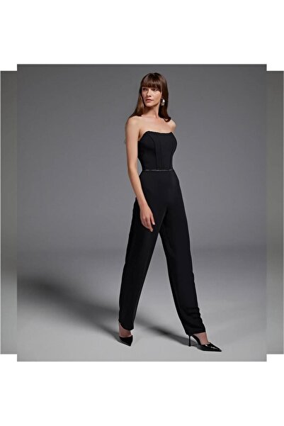 Kupa Kızı Mar de Moda Taş Detaylı Straplez Siyah Abiye Tulum