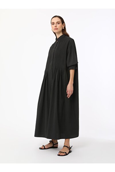Benin Embroidered Hijab Dress with Rib Detail and Elastic Sleeves - Black - Benin