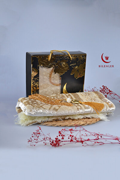 Bilenler Special Boxed Gift Luxury Velvet Woven Prayer Rug and Crystal Rosary Set