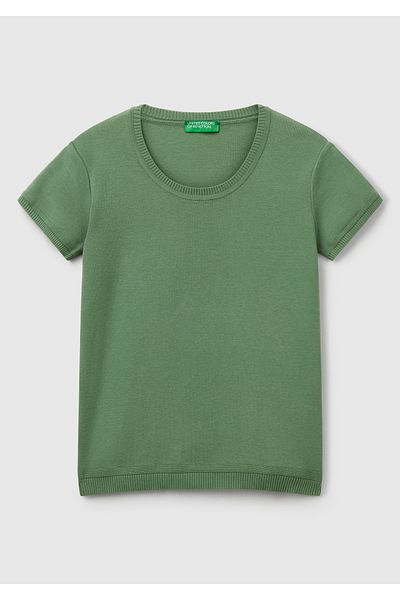 United Colors of Benetton Women's Light Green 100% Cotton Crew Neck Short Sleeve Sweater