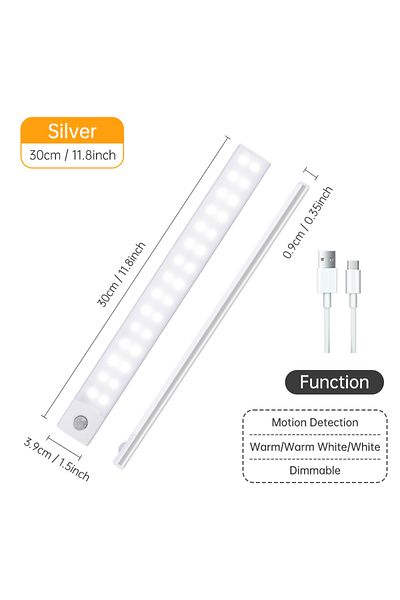 Pzsunly Silver 30CM 3color in one Lamp Motion Sensor Light Wireless LED Night Light USB Rechargeable Night L