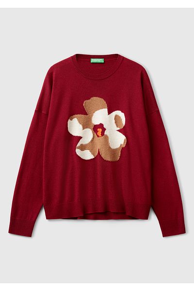 United Colors of Benetton Women's Burgundy Viscous Blended Floral Patterned Sweater