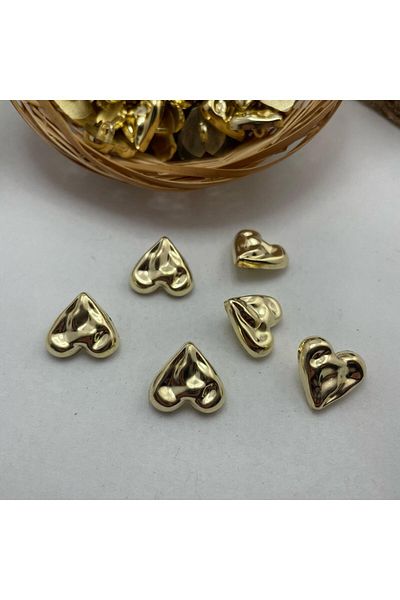 Bukle İplik Embossed Heart Model Gold Look Bottom Sewing Plastic Metalized Button 34" - (6 Pieces)