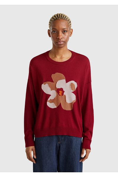 United Colors of Benetton Women's Burgundy Viscous Blended Floral Patterned Sweater