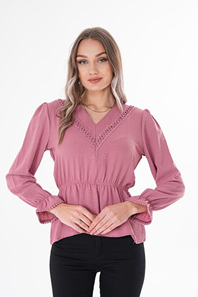 ŞİMAL Women's V-Neck Lace Detailed Blouse with Elasticized Sleeves and Waist 250196 -
