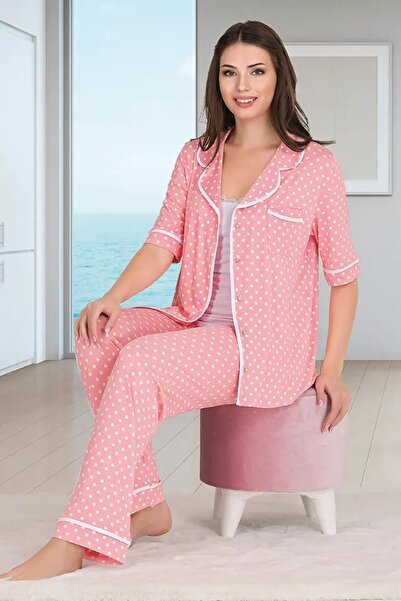 Viselya Ροζ και λευκό σετ πιτζάμες 3 τεμαχίων με κουμπιά
