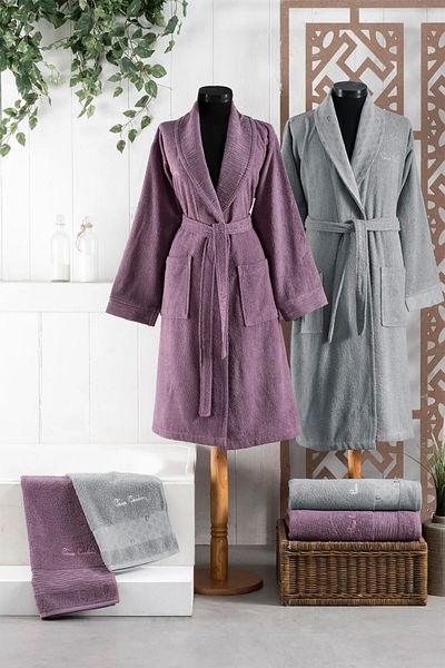 Pierre Cardin Jacquard Cotton Plum - Gray Bathrobe & Face Towel Family Dowry Set