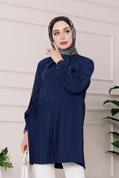 Sevitli ياقة فيونكة مفصلة تونيك مطوي - أزرق داكن