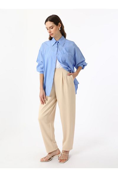Refka Soft Textured High Waist Trousers with Pleat Detail on the Front - Stone Color -