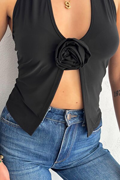 Deafox Sandy Fabric Blouse with Black Rose Brooch and Neck Strap