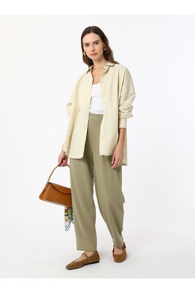 Refka Soft Textured High Waist Trousers with Pleat Detail on the Front - Green -
