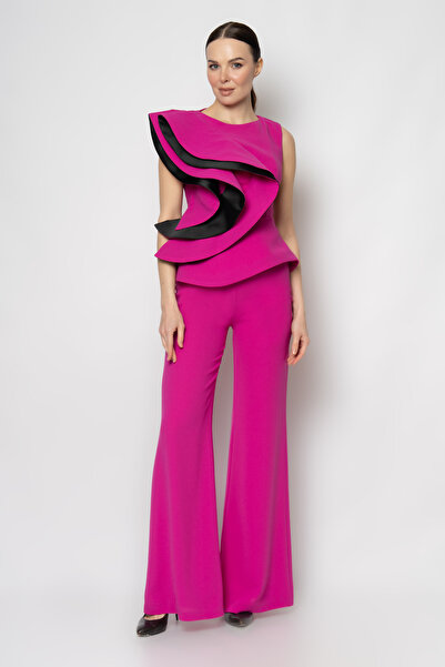 RENGIN Omuzdan bele çift renk parçalı üst krep pantolon ikili abiye takım