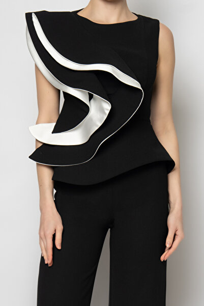 RENGIN Omuzdan bele çift renk parçalı üst krep pantolon ikili abiye takım