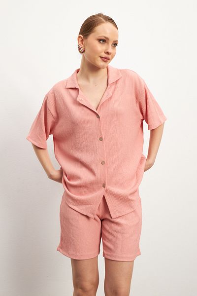 MODAGEN Women's Pink Short Sleeve Crinkle Shirt Shorts Suit