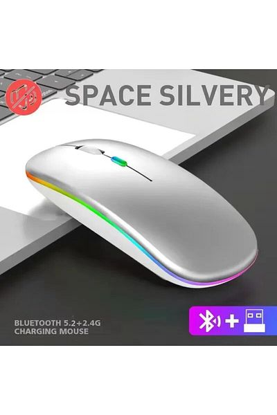 Choice ماوس لاسلكي فضي 2.4 جيجا هرتز مع إضاءة خلفية LED صامتة قابلة لإعادة الشحن لأجهزة الكمبيوتر المحمولة وأجهزة الكمبيوتر المحمولة
