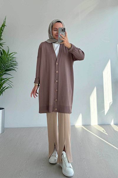 Ka Hijab Mink Button Corded Mercerized Cardigan