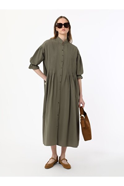 Benin Φόρεμα Hijab με λεπτομέρεια Nervür με ελαστική μανίκια - Χακί - Μπενίν