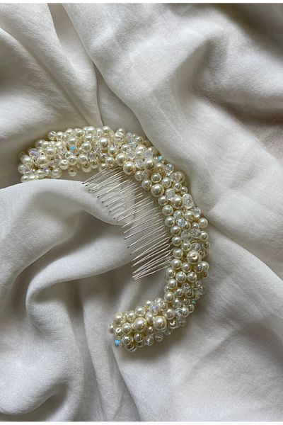 Pearly Handmade Αξεσουάρ για τα μαλλιά νύφης, μαργαριταρένια φουρκέτα, κρυστάλλινη λευκή πέτρα κούμπωμα γάμου