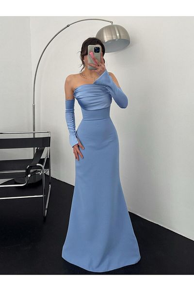 Serica Moda Baby Blue Σατέν Βραδινό Φόρεμα με Λεπτομέρεια Μανίκι