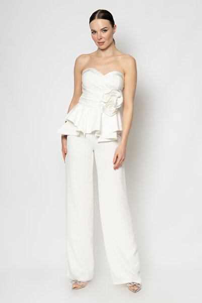 RENGIN Yakası saten bantlı beli çiçekli üst krep pantolon ikili abiye takım