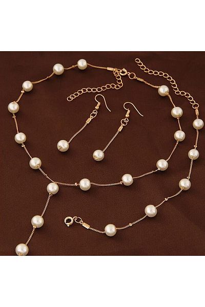 Choice Gold Suit 4pcs Gold-color Necklace Earring Bracelet Set Ladies Elegant Imitation-pearls Collection T