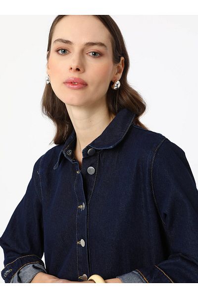 Benin Button Detailed Layered Denim Hijab Dress - Blue - Benin