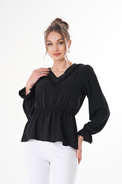 ŞİMAL Women's V-Neck Lace Detailed Blouse with Elasticized Sleeves and Waist 250196 -