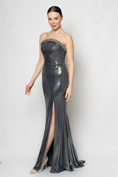 RENGIN Göğsü silindir işlemeli straplez abiye elbise