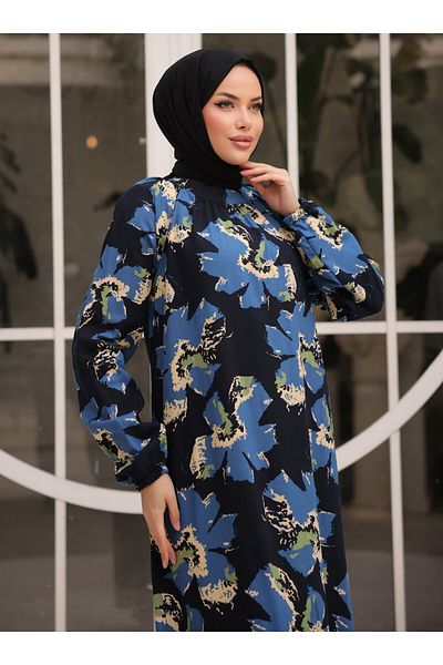 SAHRA BUTİK ΦΟΡΕΜΑ ΜΕ ΚΟΡΔΟΝΙ ΛΑΙΜΟΥ - Navy Blue - SAHRA BUTIK