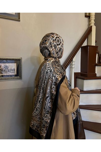 ARMANDA Μαύρο και καμηλό Ethnic Voile Σάλι με σχέδιο Pashmina