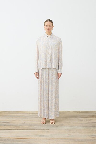 PASTEL PATTERN VISCOSE RAYON PLEAT DETAILED TROUSERS SET BABY BLUE